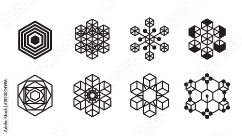 Sacred geometry snowflake pattern set for mathematical art projects, geometric design education, winter themed graphics, tessellation studies, and symmetrical illustration teaching resources