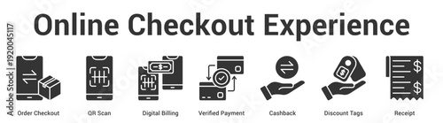 Online Checkout Experience web banner icon set vector illustration concept for business with icon of Order Checkout, QR Scan, Digital Billing, Verified Payment, Cashba.