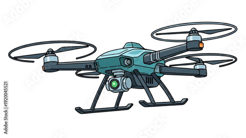 Aerial vehicle autocad blueprint illustration of a teal drone with rotating propellers
