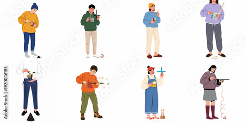 Diverse individuals sharpening pencils using various tools and methods, highlighting creativity, education, and artistic preparation with different sharpeners.