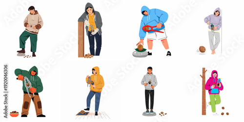 People Cracking Walnuts: A Collection of Various Methods and Tools for Processing Nuts in Flat Illustration Style
