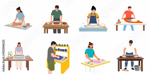 Creative people making art: flat vector illustration set of individuals crafting with clay, dough, and rollers, engaging in various artistic processes.