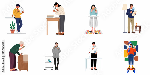 People of diverse ages meticulously examine medicine bottles and documents with magnifying glasses, emphasizing health information, research, and attention to detail.