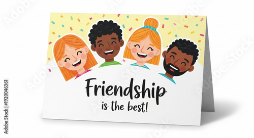 Diverse group of smiling friends celebrating friendship with confetti background