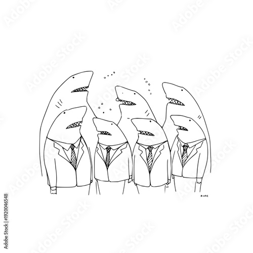 Cartoon sharks in business suits and ties talking in a meeting