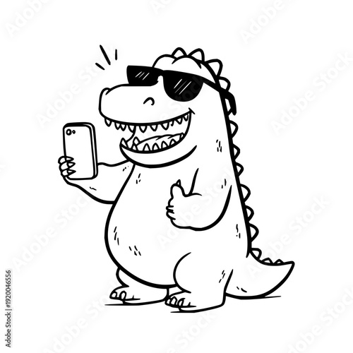 A smiling cartoon dinosaur wearing sunglasses takes a selfie with a smartphone conveying happiness and playfulness in a fun black and white illustration