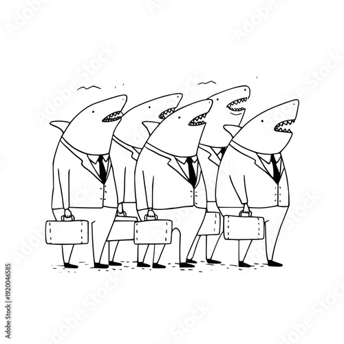 Cartoon sharks in business suits and ties carry briefcases in a row symbolizing corporate greed and finance