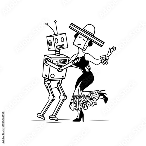Robot and woman dancing together in black and white futuristic flamenco illustration