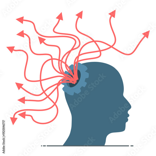 Thinking process. Arrow lines from human head. Business solution, possible idea variant, various flexible. What If problem solving ways