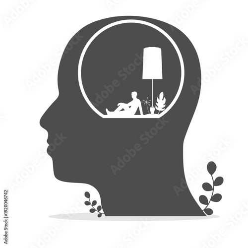 A man relaxing in a room inside a gigantic head, symbolizing inner thought purification, self-care, and mental health.