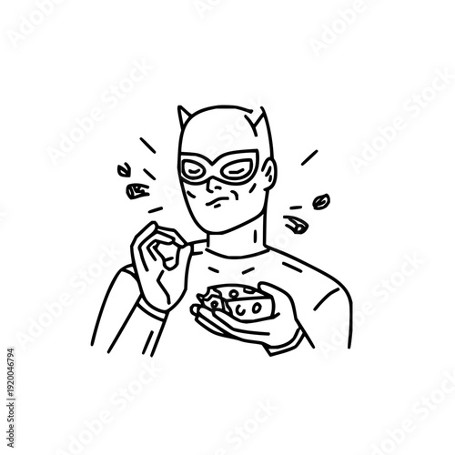 Devil character eating chips with a puzzled expression on a plain white background