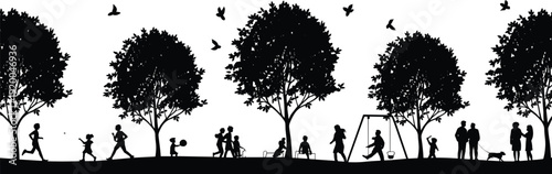 People silhouettes in park with trees and birds, featuring families playing, walking dogs, jogging, and children on swings representing active outdoor community life.