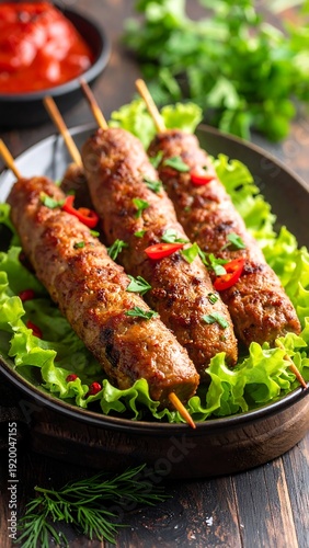 Delicious Kofta Kebabs on a Bed of Lettuce with Tomato Sauce.