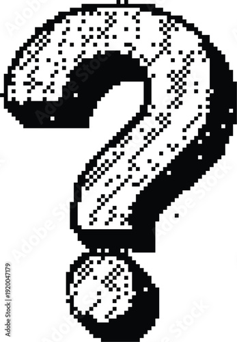 A large question mark symbol in black and white