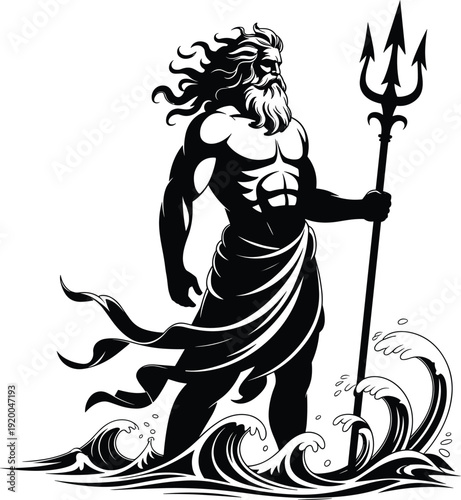 Poseidon god of sea, black and white vector illustration, Neptune holding trident standing in ocean waves, Greek mythology character, mascot tattoo design.