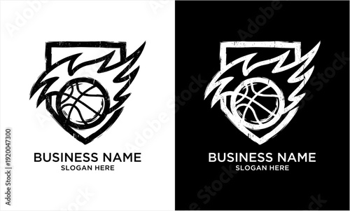 Basketball on Fire Logo Design with Shield Emblem.