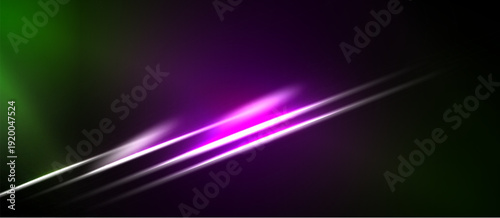 Abstract background features vibrant green, purple hues. Diagonal lines create dynamic light effect, sleek modern design.