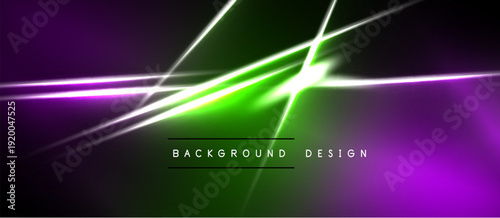 Abstract neon lines create vibrant background. Purple, green hues dominate dark space. Modern design element for digital projects.