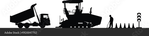 Road construction silhouette with asphalt paver, dump truck, worker, and traffic cones, heavy machinery industrial site on white background, civil engineering vector.