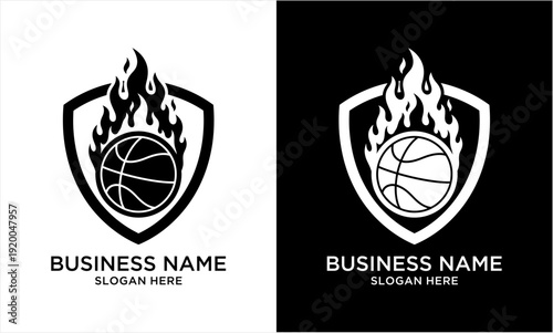 Basketball with Flames and Shield Logo Design for Sports Business.
