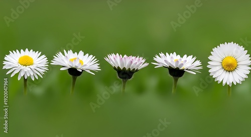 Five White Daisy Flowers in a Row on Green Background.