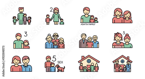 Diverse Family Icons Set: Parents, Children, Grandparents, Home, Professions