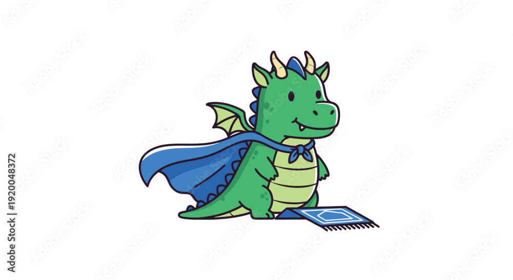 Fototapeta premium Cute green dragon with blue cape and spellbook