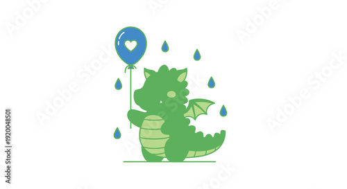 Green dragon holding heart balloon with raindrops