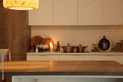 Interior of kitchen with ta...