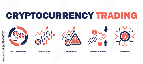 cryptocurrency trading banner web icon vector illustration featuring icons of crypto exchange, trading chart, price alert, market volatility, digital coin.