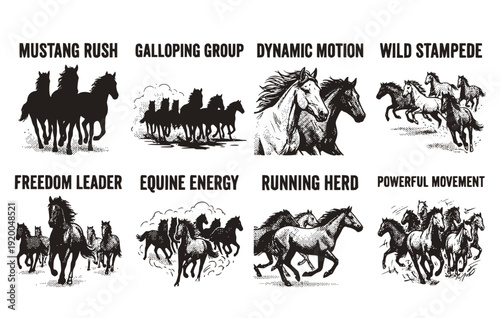 Black White Halftone Herd Wild Horses Mustang Rushing Forward Set 8 Sketch Silhouette Running Animals-Galloping Stampede Freedom Vector Set