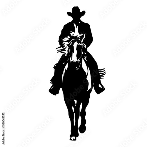 Vector Silhouette Illustration of Centered Cowboy Riding Galloping Horse with Flowing Mane on White Background