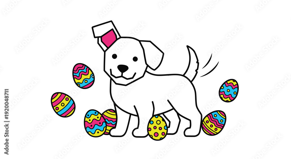 Obraz premium Playful puppy with Easter eggs and hat
