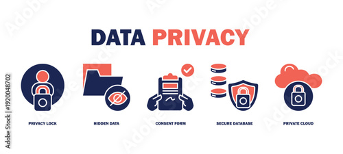 data privacy banner web icon vector illustration featuring icons of privacy lock, hidden data, consent form, secure database, private cloud.