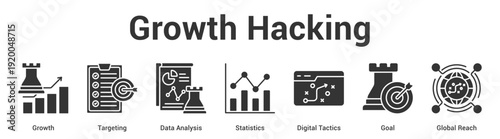 Growth Hacking web banner icon set vector illustration concept for business with icon of Growth, Targeting, Data Analysis, Statistics, Digital Tactics, Go.