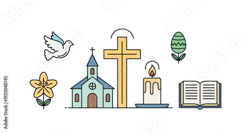 Christianity Symbols: Cross, Church, Dove, Candle, Easter Egg, Flower, Bible