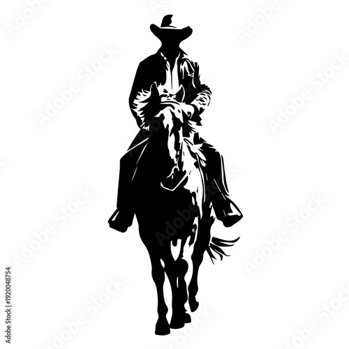 Vector Silhouette Illustration of Centered Cowboy Riding Galloping Horse with Flowing Mane on White Background