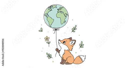 Fox Holding Earth Balloon in Cute Outdoor Scene