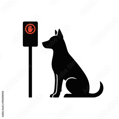 Dog waiting at pedestrian traffic light. Silhouette icon of pet obedience and road safety. Vector illustration