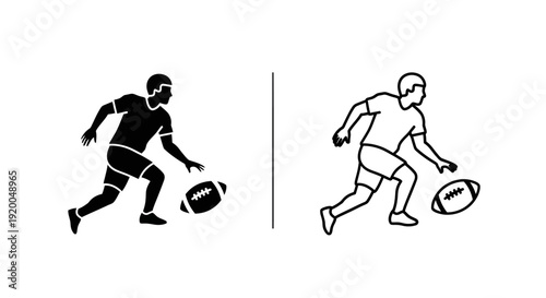 Two rugby players running with a ball, one in black and one in white uniform, vector illustration Vector