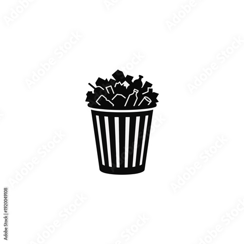 Overflowing kitchen wastebasket icon. Full trash bin with garbage symbol. Solid black vector silhouette