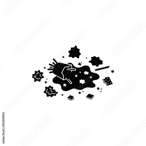 Scattered food scraps and spill silhouette. Restaurant floor waste vector illustration. Cleaning and hygiene concept icon. Isolated graphic element