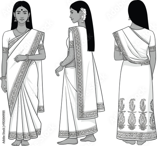 Set of Indian woman wearing traditional white saree with detailed embroidery, front, side, and back view fashion illustration, isolated on white background.