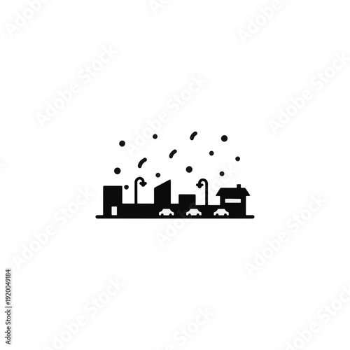 City street with snow flurries silhouette. Minimalist winter urban scene vector illustration. Flat design cityscape icon isolated on transparent background