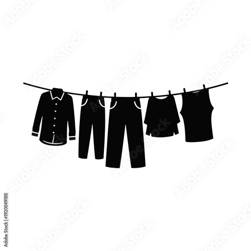 Clothes hanging on a clothesline silhouette. Laundry and drying clothes vector illustration. Minimalist flat design isolated on transparent background