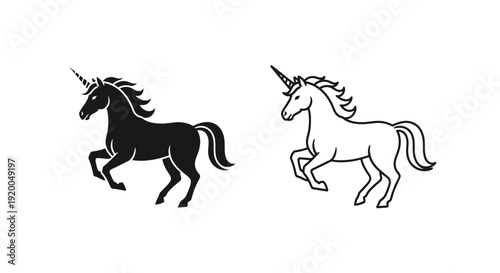 Two black and white unicorns running in a field, vector illustration, fantasy creatures Vector