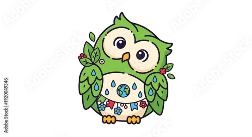 Cute Green Owl with Earth-Themed Decor and Floral Accessories