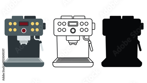Coffee machine vector illustration set with colorful, line, and silhouette styles