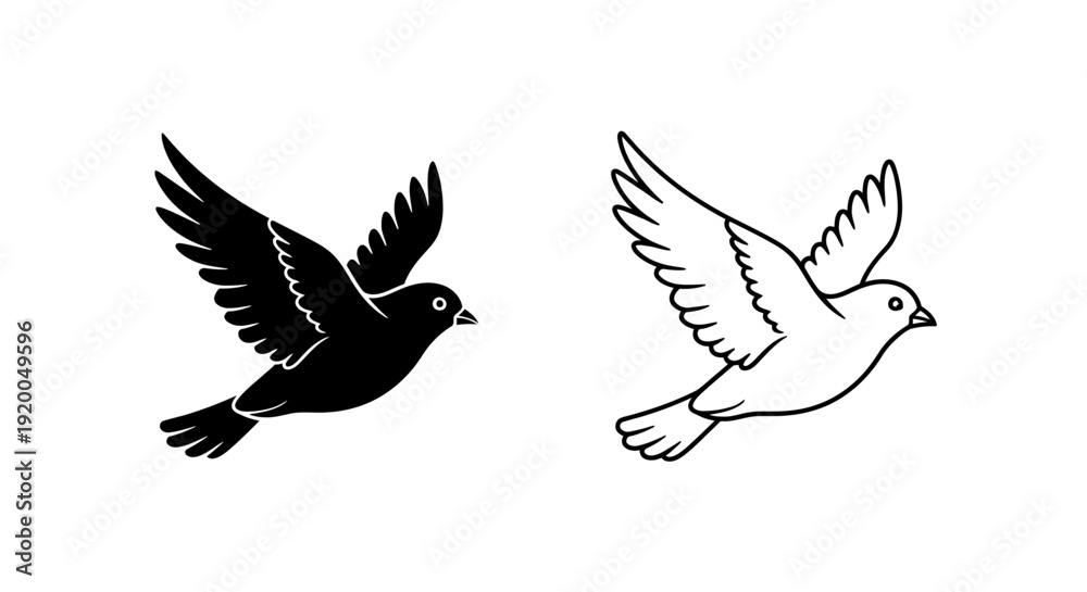 Fototapeta premium Two birds flying in opposite directions, black and white illustration Vector