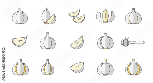 Garlic Vector Icons Set: Whole Bulbs, Cloves, Slices, Peeling and Garlic Press